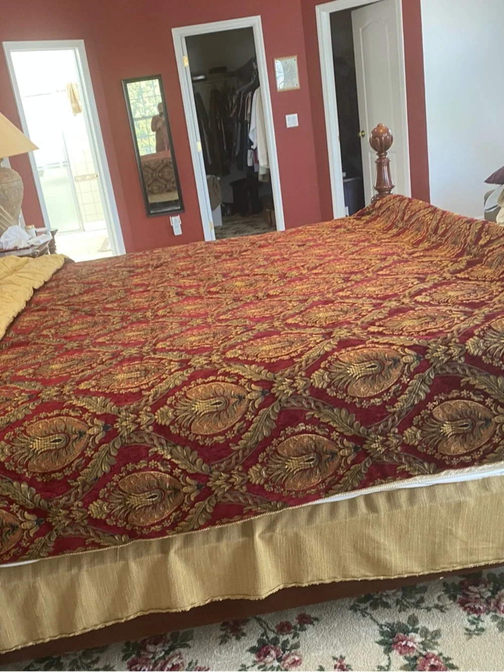 Vintage Croscill Red and Gold Damask Comforter with Decorative Pillows
